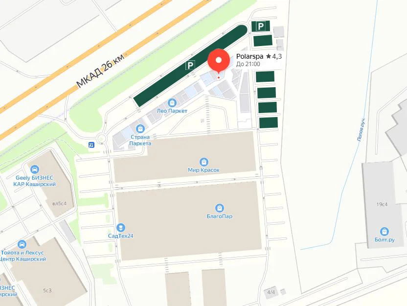Схема парковки офиса POLARSPA в Москве по адресу ТК «Конструктор», г. Москва, 25 км МКАД внешняя сторона, вл. 1 